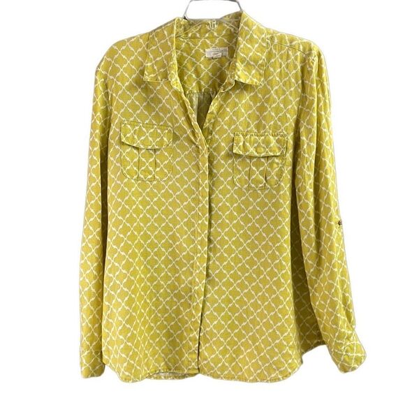 CHARTER CLUB Blouse XLarge Linen Geometric RollTab Sleeve Woven Top Shirt Yellow - Picture 1 of 8